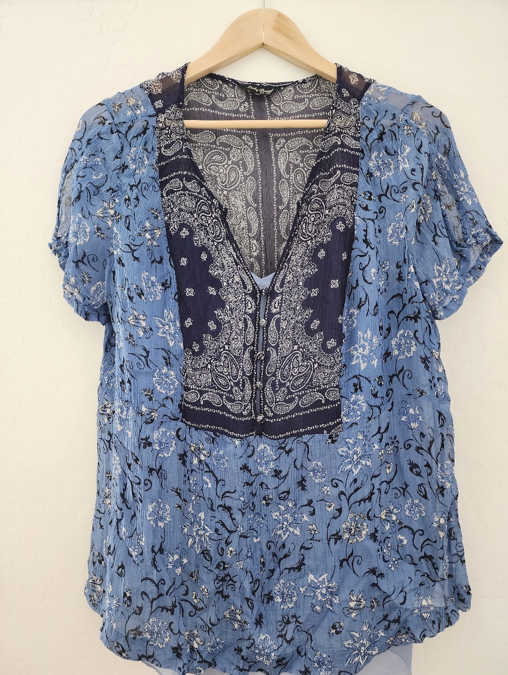 Lucky Brand Boho Floral Patchwork Shirt W/ Undershirt - Blue, Rayon, XL
